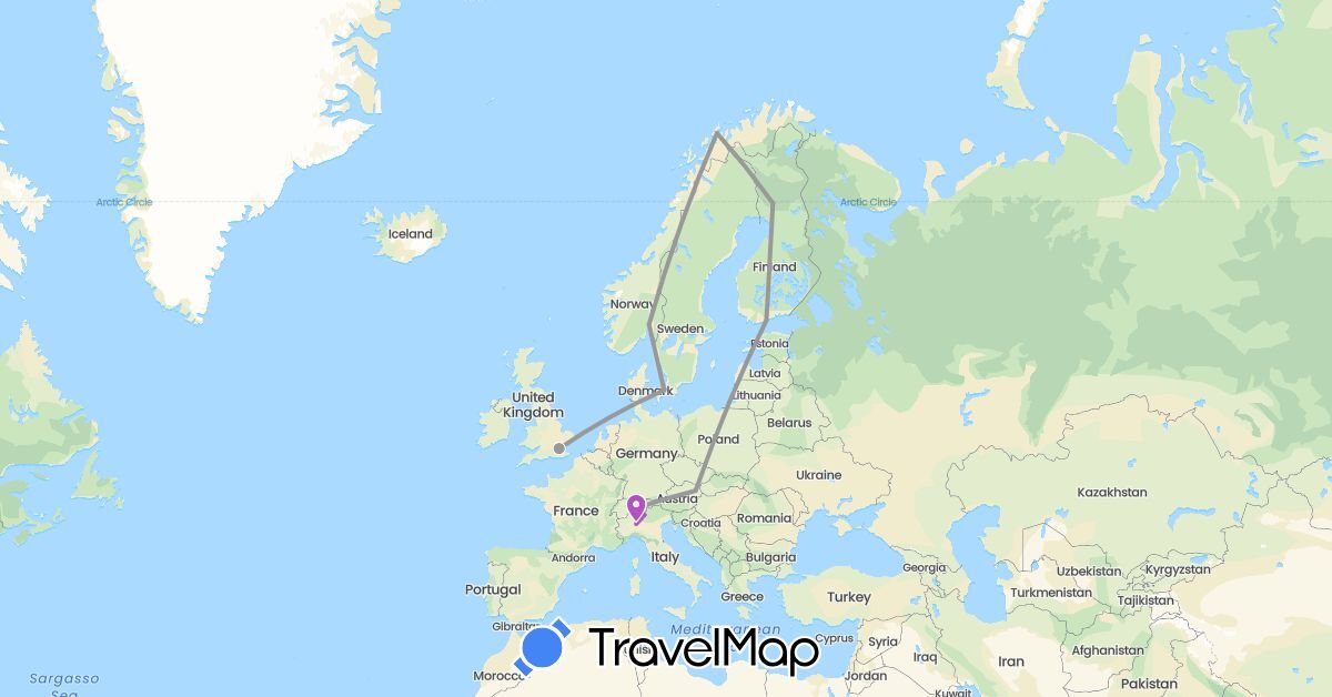 TravelMap itinerary: plane, train in Austria, Switzerland, Denmark, Finland, United Kingdom, Italy, Norway (Europe)